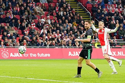 AMSTERDAM, JohanCruyff Arena, 22-12-2019, Dutch football Eredivisie season 2019-2020. Ajax player Donny van de Beek (r) scoring the 2-0 during the game Ajax - ADO Den Haag.