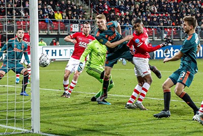 ALKMAAR , 15-12-2019 , AFAS Stadion , Dutch football , Eredivisie , season 2019 / 2020. AZ player Myron Boadu scores the 1-0 during the match AZ vs Ajax
