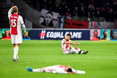 AMSTERDAM, 10-12-2019 , JohanCruyff Arena, season 2019 / 2020 of the UEFA Champions League between Ajax and FC Valencia. /a15/ and Ajax player Joel Veltman dejected after the lost game