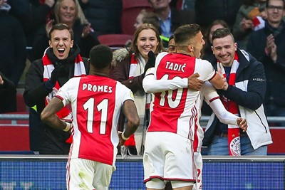 AMSTERDAM - Ajax - Sparta , Football , Season 2019/2020 , eredivisie , Johan Cruijff ArenA, 18-12-2019 ,
Ajax player Ryan Gravenberch scores 2-0, Ajax player Dusan Tadic, Ajax player Quincy Promes